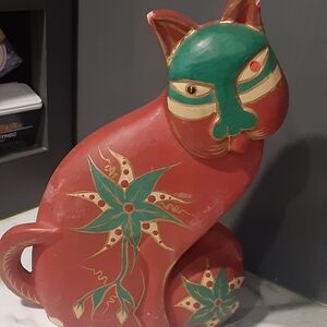 Vintage Wooden Handpainted Cat Figurine